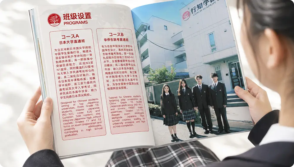 行知学園のパンフレットを読む女子生徒